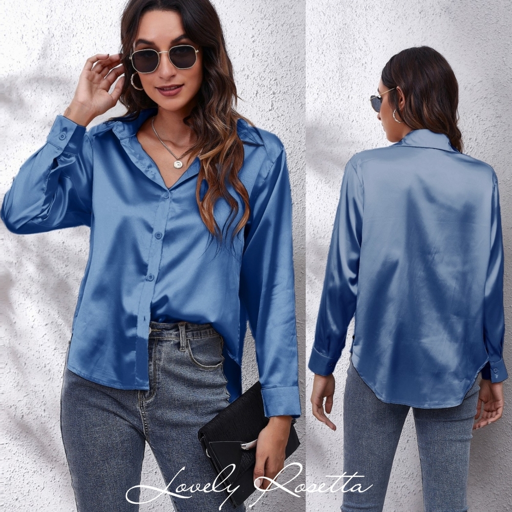 Blue Collared Neck Buttoned Long Sleeve Shirt
